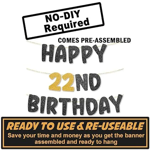 Black_Happy_22Th_Birthday_Banner_|_Black_&_Gold_Glitter_Birthday_Garland_|_Suitable_For_Girls_And_Boys_|_8_Feet_Pre-Assembled_Party_Banner_No_Diy_|_Party_Decoration