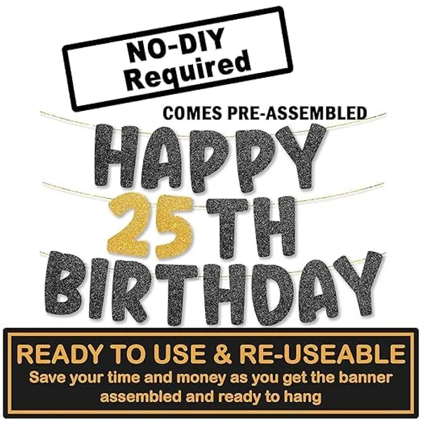 Black_Happy_25Th_Birthday_Banner_|_Black_&_Gold_Glitter_Birthday_Garland_|_Suitable_For_Girls_And_Boys_|_8_Feet_Pre-Assembled_Party_Banner_No_Diy_|_Party_Decoration