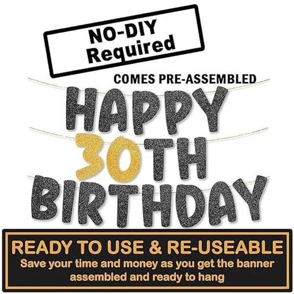 Black_Happy_30Th_Birthday_Banner_|_Black_&_Gold_Glitter_Birthday_Garland_|_Suitable_For_Girls_And_Boys_|_8_Feet_Pre-Assembled_Party_Banner_No_Diy_|_Party_Decoration