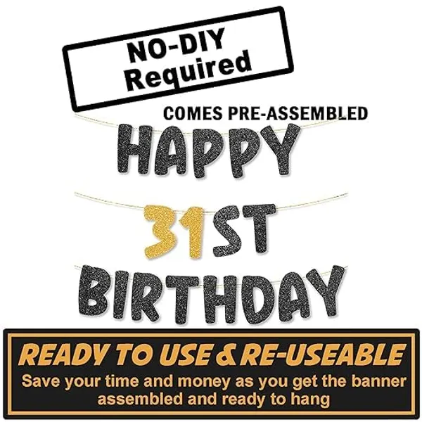 Black_Happy_31Th_Birthday_Banner_|_Black_&_Gold_Glitter_Birthday_Garland_|_Suitable_For_Girls_And_Boys_|_8_Feet_Pre-Assembled_Party_Banner_No_Diy_|_Party_Decoration