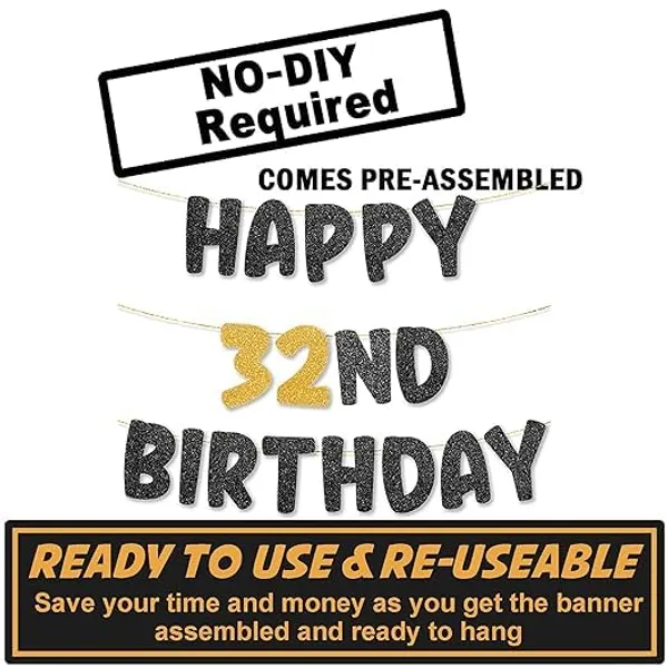 Black_Happy_32Th_Birthday_Banner_|_Black_&_Gold_Glitter_Birthday_Garland_|_Suitable_For_Girls_And_Boys_|_8_Feet_Pre-Assembled_Party_Banner_No_Diy_|_Party_Decoration