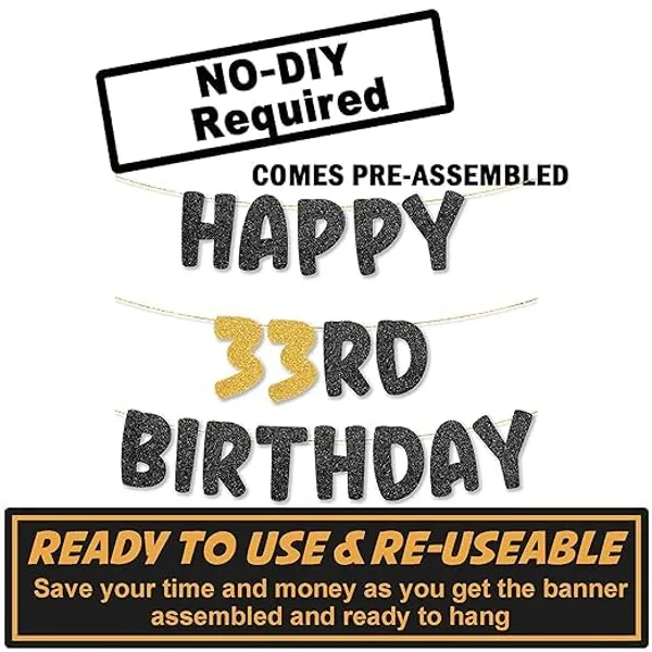 Black_Happy_33Th_Birthday_Banner_|_Black_&_Gold_Glitter_Birthday_Garland_|_Suitable_For_Girls_And_Boys_|_8_Feet_Pre-Assembled_Party_Banner_No_Diy_|_Party_Decoration
