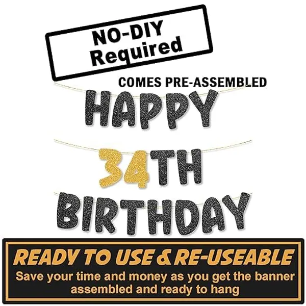 Black_Happy_34Th_Birthday_Banner_|_Black_&_Gold_Glitter_Birthday_Garland_|_Suitable_For_Girls_And_Boys_|_8_Feet_Pre-Assembled_Party_Banner_No_Diy_|_Party_Decoration