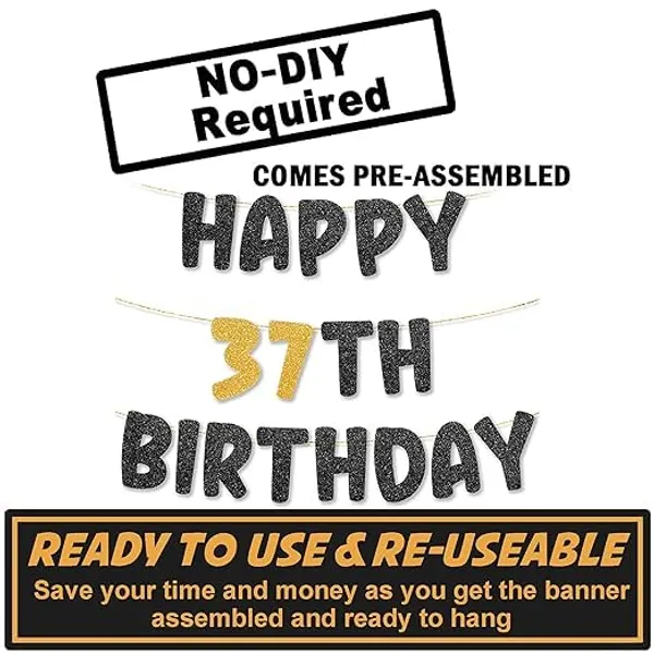 Black_Happy_37Th_Birthday_Banner_|_Black_&_Gold_Glitter_Birthday_Garland_|_Suitable_For_Girls_And_Boys_|_8_Feet_Pre-Assembled_Party_Banner_No_Diy_|_Party_Decoration