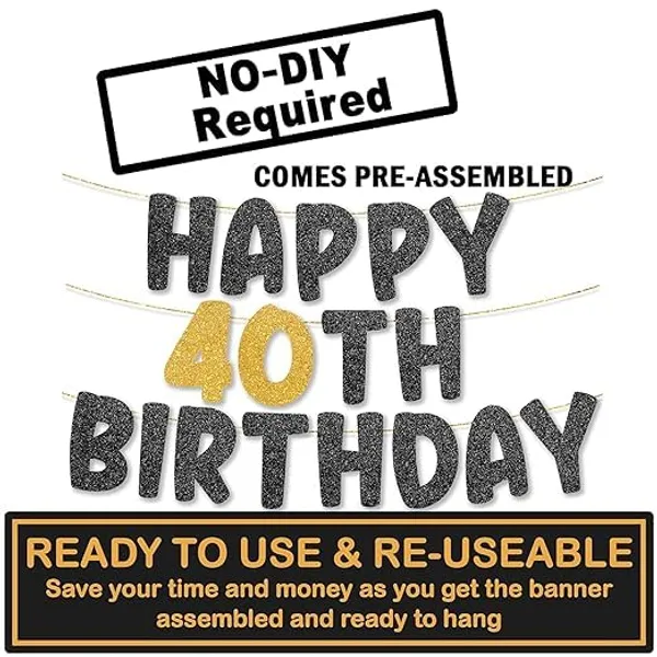 Black_Happy_40Th_Birthday_Banner_|_Black_&_Gold_Glitter_Birthday_Garland_|_Suitable_For_Girls_And_Boys_|_8_Feet_Pre-Assembled_Party_Banner_No_Diy_|_Party_Decoration