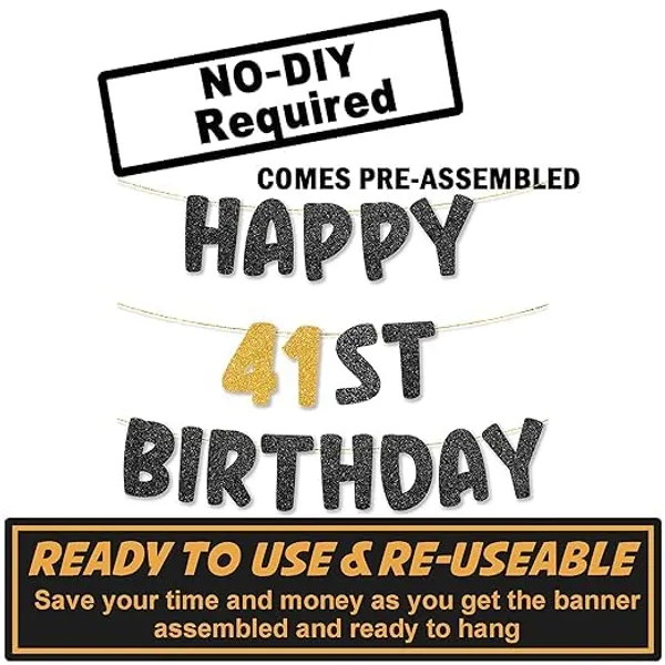 Black_Happy_41Th_Birthday_Banner_|_Black_&_Gold_Glitter_Birthday_Garland_|_Suitable_For_Girls_And_Boys_|_8_Feet_Pre-Assembled_Party_Banner_No_Diy_|_Party_Decoration