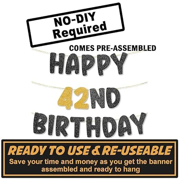 Black_Happy_42Th_Birthday_Banner_|_Black_&_Gold_Glitter_Birthday_Garland_|_Suitable_For_Girls_And_Boys_|_8_Feet_Pre-Assembled_Party_Banner_No_Diy_|_Party_Decoration