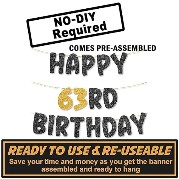Black_Happy_63Th_Birthday_Banner_|_Black_&_Gold_Glitter_Birthday_Garland_|_Suitable_For_Girls_And_Boys_|_8_Feet_Pre-Assembled_Party_Banner_No_Diy_|_Party_Decoration
