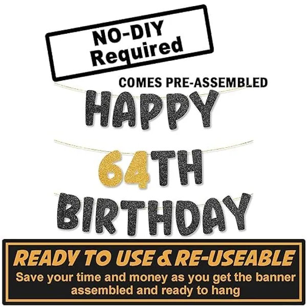 Black_Happy_64Th_Birthday_Banner_|_Black_&_Gold_Glitter_Birthday_Garland_|_Suitable_For_Girls_And_Boys_|_8_Feet_Pre-Assembled_Party_Banner_No_Diy_|_Party_Decoration
