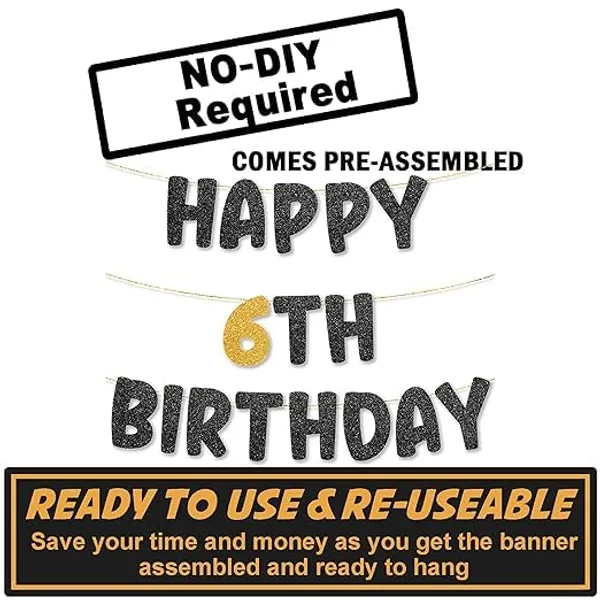 Black_Happy_6Th_Birthday_Banner_|_Black_&_Gold_Glitter_Birthday_Garland_|_Suitable_For_Girls_And_Boys_|_8_Feet_Pre-Assembled_Party_Banner_No_Diy_|_Party_Decoration