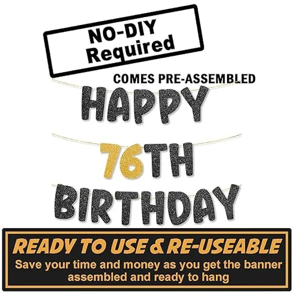 Black_Happy_76Th_Birthday_Banner_|_Black_&_Gold_Glitter_Birthday_Garland_|_Suitable_For_Girls_And_Boys_|_8_Feet_Pre-Assembled_Party_Banner_No_Diy_|_Party_Decoration