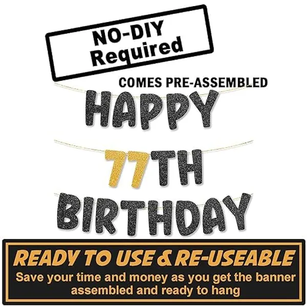 Black_Happy_77Th_Birthday_Banner_|_Black_&_Gold_Glitter_Birthday_Garland_|_Suitable_For_Girls_And_Boys_|_8_Feet_Pre-Assembled_Party_Banner_No_Diy_|_Party_Decoration