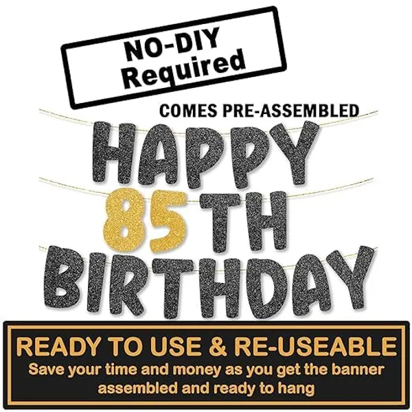 Black_Happy_85Th_Birthday_Banner_|_Black_&_Gold_Glitter_Birthday_Garland_|_Suitable_For_Girls_And_Boys_|_8_Feet_Pre-Assembled_Party_Banner_No_Diy_|_Party_Decoration