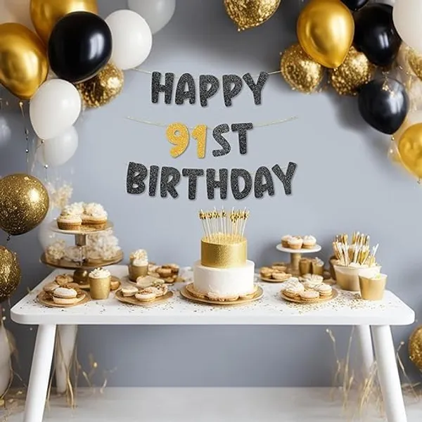 Black_Happy_91Th_Birthday_Banner_|_Black_&_Gold_Glitter_Birthday_Garland_|_Suitable_For_Girls_And_Boys_|_8_Feet_Pre-Assembled_Party_Banner_No_Diy_|_Party_Decoration