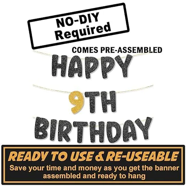 Black_Happy_9Th_Birthday_Banner_|_Black_&_Gold_Glitter_Birthday_Garland_|_Suitable_For_Girls_And_Boys_|_8_Feet_Pre-Assembled_Party_Banner_No_Diy_|_Party_Decoration