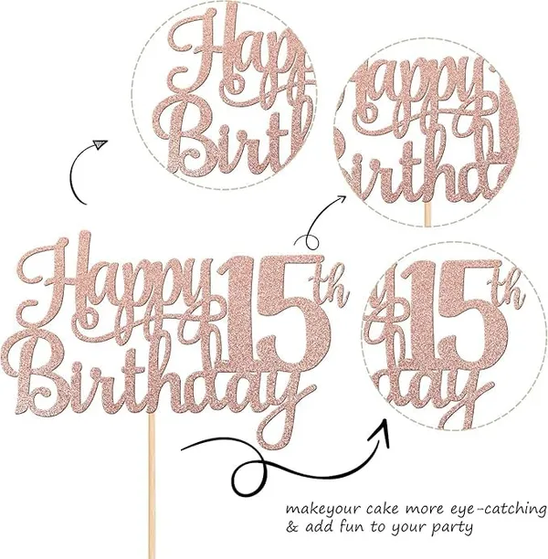Gold_15Th_Happy_Birthday_Cake_Topper_|_Rose_Gold_Color_Glitter_Cake_Topper_|_Glitter_Cake_Decoration_|_B'Day_Celebration/Rose_Gold_Color