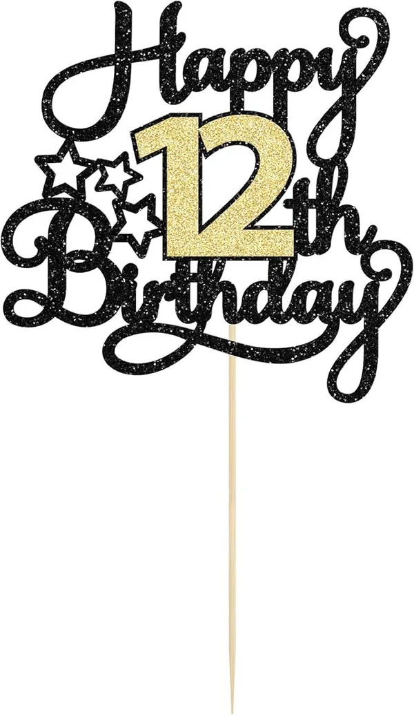 Black_12Th_Happy_Birthday_Star_Cake_Topper_|_Black_&_Gold_Color_Glitter_Cake_Topper_|_Glitter_Cake_Decoration_|_B'Day_Celebration/Black_&_Gold_Color