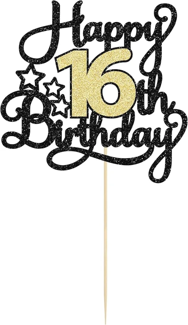Black_16Th_Happy_Birthday_Star_Cake_Topper_|_Black_&_Gold_Color_Glitter_Cake_Topper_|_Glitter_Cake_Decoration_|_B'Day_Celebration/Black_&_Gold_Color