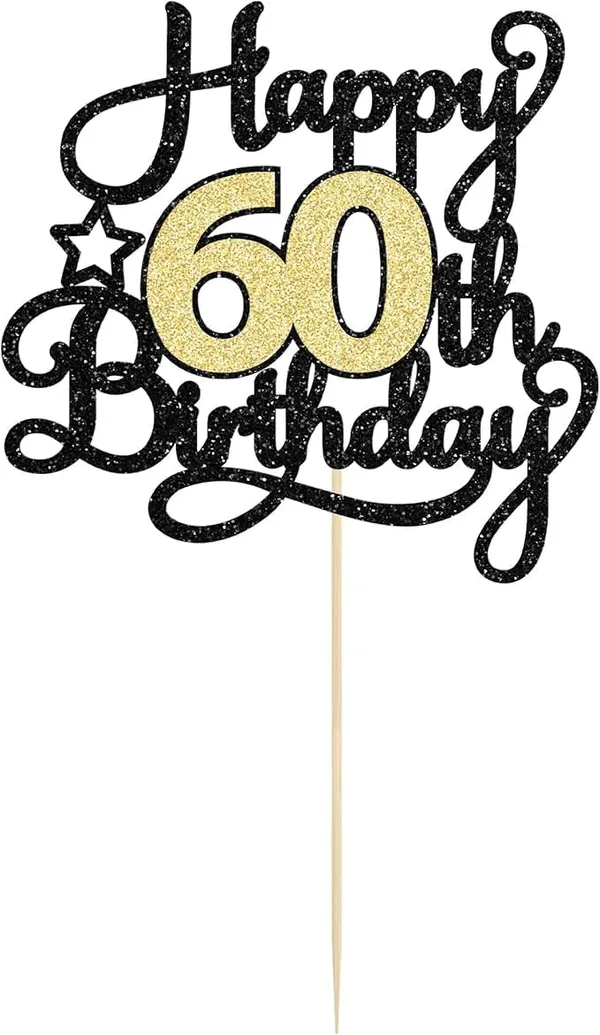 Black_60Th_Happy_Birthday_Star_Cake_Topper_|_Black_&_Gold_Color_Glitter_Cake_Topper_|_Glitter_Cake_Decoration_|_B'Day_Celebration/Black_&_Gold_Color