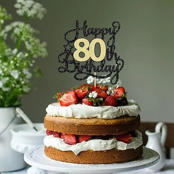 Black_80Th_Happy_Birthday_Star_Cake_Topper_|_Black_&_Gold_Color_Glitter_Cake_Topper_|_Glitter_Cake_Decoration_|_B'Day_Celebration/Black_&_Gold_Color