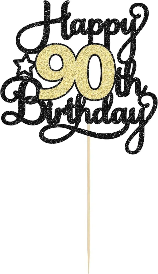 Black_90Th_Happy_Birthday_Star_Cake_Topper_|_Black_&_Gold_Color_Glitter_Cake_Topper_|_Glitter_Cake_Decoration_|_B'Day_Celebration/Black_&_Gold_Color