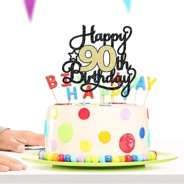 Black_90Th_Happy_Birthday_Star_Cake_Topper_|_Black_&_Gold_Color_Glitter_Cake_Topper_|_Glitter_Cake_Decoration_|_B'Day_Celebration/Black_&_Gold_Color