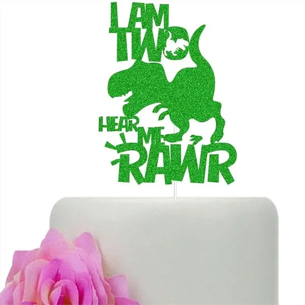 Multi_I'M_Two_Hear_Me_Rawr_Cake_Topper_|_Green_Glitter_Cake_Topper_For_Second_Birthday_|_Animal_Theme_Happy_Birthday_Cake_Decorations_|_Birthday_Party_Decorations_|_Kids_Party