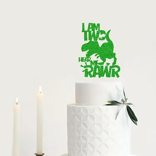 Multi_I'M_Two_Hear_Me_Rawr_Cake_Topper_|_Green_Glitter_Cake_Topper_For_Second_Birthday_|_Animal_Theme_Happy_Birthday_Cake_Decorations_|_Birthday_Party_Decorations_|_Kids_Party