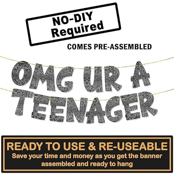 Black_Omg_Ur_A_Teenager_Banner_&_Cake_Topper_Combo_|_13Th_Birthday_Party_Black_Glitter_|_Party_Decorations_And_Supplies_|_Official_Teen_Celebration_Decor_|_Pre-Assembled,_No_Diy_Needed