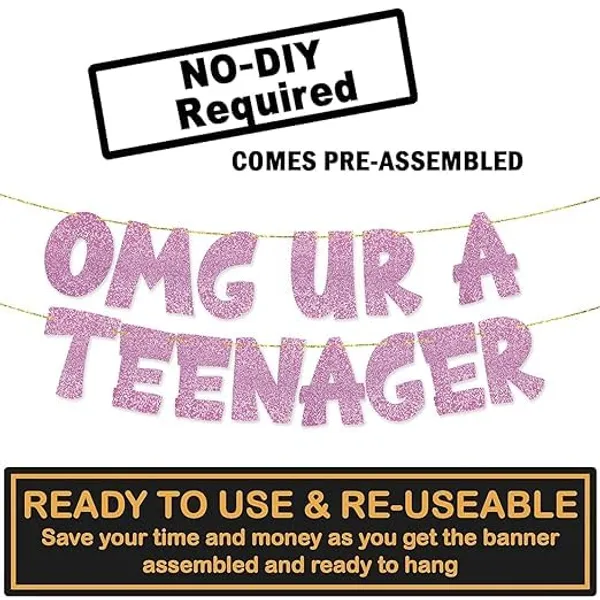 Pink_Omg_Ur_A_Teenager_Banner_&_Cake_Topper_Combo_|_13Th_Birthday_Party_Rose_Pink_Glitter_|_Party_Decorations_And_Supplies_|_Official_Teen_Celebration_Decor_|_Pre-Assembled,_No_Diy_Needed
