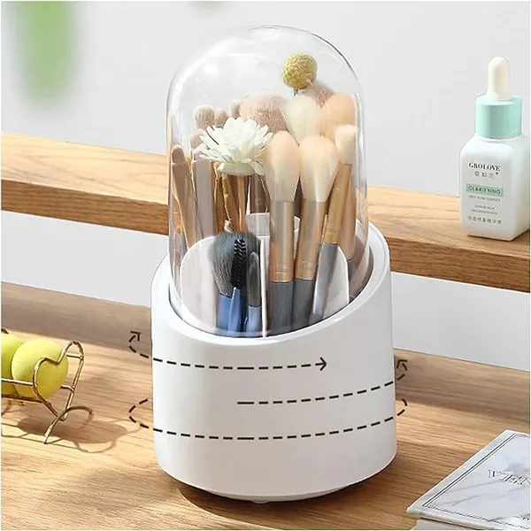 Multi_Makeup_Organiser_|_7_Slots_Makeup_Brush_Holder_|_360_Degree_Rotatable_Cosmetic_Organiser_With_Transprent_Lid_|_Pen/Pencil_Holder_|_White