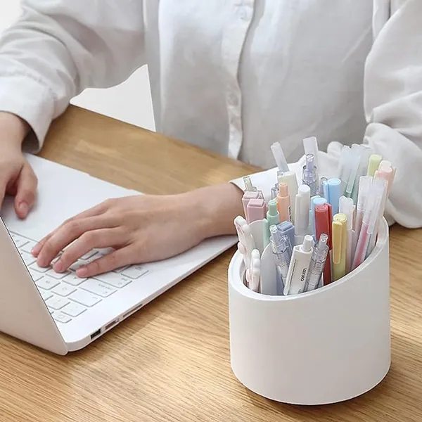 Multi_Makeup_Organiser_|_7_Slots_Makeup_Brush_Holder_|_360_Degree_Rotatable_Cosmetic_Organiser_With_Transprent_Lid_|_Pen/Pencil_Holder_|_White
