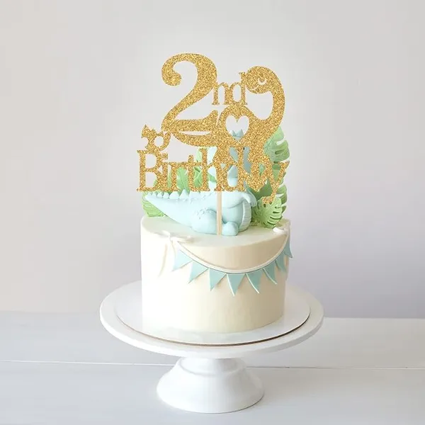 Gold_2Nd_Birthday_Dinosaur_Cake_Topper_|_Golden_Glitter_T-Rex_Dinosaur_Cake_Topper_|_Animal_Theme_Party_Cake_Decoration_|_Jungle_Theme_Celebration