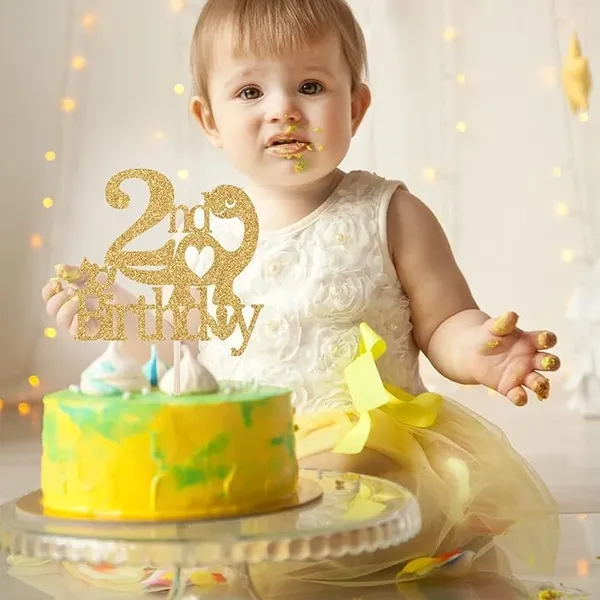 Gold_2Nd_Birthday_Dinosaur_Cake_Topper_|_Golden_Glitter_T-Rex_Dinosaur_Cake_Topper_|_Animal_Theme_Party_Cake_Decoration_|_Jungle_Theme_Celebration