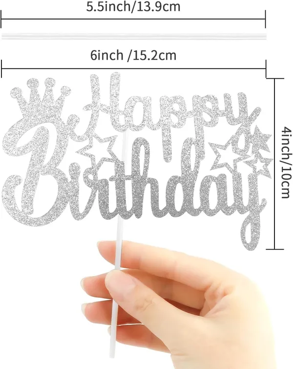 Silver_Happy_Birthday_Cake_Topper_|_Silver_Glitter_Crown_And_Star_Cake_Topper_|_Glitter_Cake_Decoration_|_B'Day_Celebration/Silver