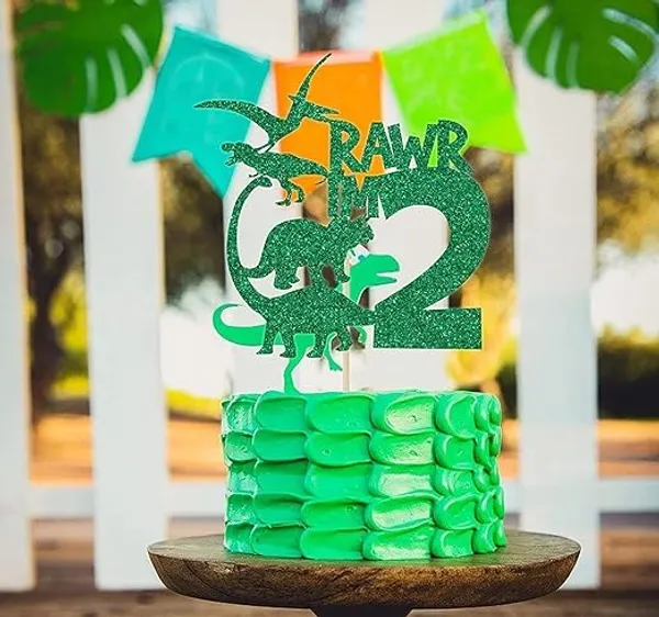Multi_Dinosaur_Cake_Topper_|_Green_Glitter_Rawr_I'M_2_Cake_Topper_For_Second_Birthday_|_Animal_Theme_Happy_Birthday_Cake_Decorations_|_Birthday_Party_Decorations_|_Kids_Party