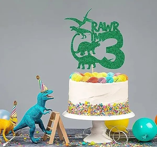 Multi_Dinosaur_Cake_Topper_|_Green_Glitter_Rawr_I'M_3_Cake_Topper_For_Third_Birthday_|_Animal_Theme_Happy_Birthday_Cake_Decorations_|_Birthday_Party_Decorations_|_Kids_Party