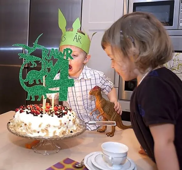 Multi_Dinosaur_Cake_Topper_|_Green_Glitter_Rawr_I'M_4_Cake_Topper_For_Fourth_Birthday_|_Animal_Theme_Happy_Birthday_Cake_Decorations_|_Birthday_Party_Decorations_|_Kids_Party