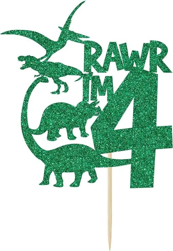 Multi_Dinosaur_Cake_Topper_|_Green_Glitter_Rawr_I'M_4_Cake_Topper_For_Fourth_Birthday_|_Animal_Theme_Happy_Birthday_Cake_Decorations_|_Birthday_Party_Decorations_|_Kids_Party