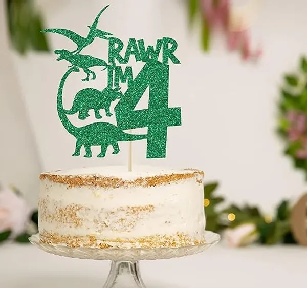 Multi_Dinosaur_Cake_Topper_|_Green_Glitter_Rawr_I'M_4_Cake_Topper_For_Fourth_Birthday_|_Animal_Theme_Happy_Birthday_Cake_Decorations_|_Birthday_Party_Decorations_|_Kids_Party