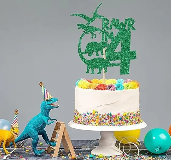 Multi_Dinosaur_Cake_Topper_|_Green_Glitter_Rawr_I'M_4_Cake_Topper_For_Fourth_Birthday_|_Animal_Theme_Happy_Birthday_Cake_Decorations_|_Birthday_Party_Decorations_|_Kids_Party