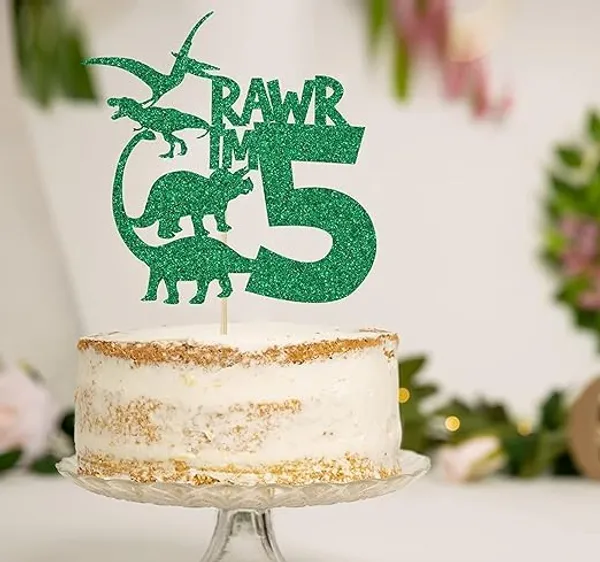 Multi_Dinosaur_Cake_Topper_|_Green_Glitter_Rawr_I'M_5_Cake_Topper_For_Fifth_Birthday_|_Animal_Theme_Happy_Birthday_Cake_Decorations_|_Birthday_Party_Decorations_|_Kids_Party