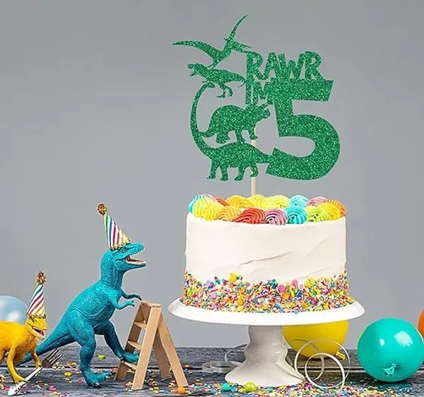 Multi_Dinosaur_Cake_Topper_|_Green_Glitter_Rawr_I'M_5_Cake_Topper_For_Fifth_Birthday_|_Animal_Theme_Happy_Birthday_Cake_Decorations_|_Birthday_Party_Decorations_|_Kids_Party