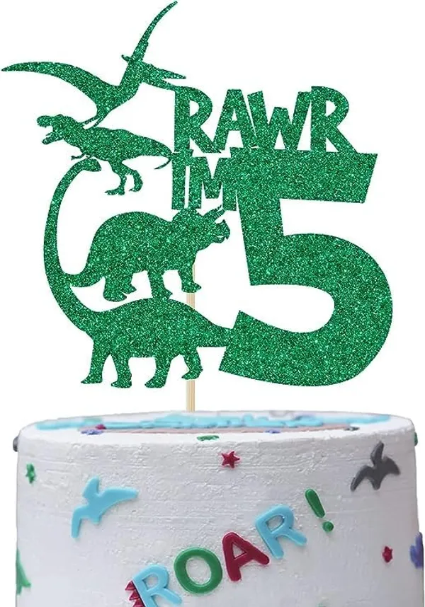 Multi_Dinosaur_Cake_Topper_|_Green_Glitter_Rawr_I'M_5_Cake_Topper_For_Fifth_Birthday_|_Animal_Theme_Happy_Birthday_Cake_Decorations_|_Birthday_Party_Decorations_|_Kids_Party