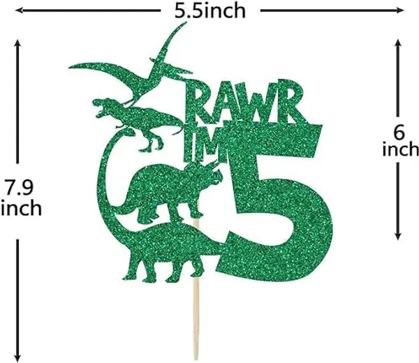 Multi_Dinosaur_Cake_Topper_|_Green_Glitter_Rawr_I'M_5_Cake_Topper_For_Fifth_Birthday_|_Animal_Theme_Happy_Birthday_Cake_Decorations_|_Birthday_Party_Decorations_|_Kids_Party