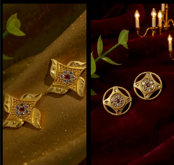 Gold_Plated_Floral_Pinwheel_Stud_With_Ruby_And_Cz_Accents_&_Plated_Circular_Medallion_Stud_With_Ruby_And_Diamond_Accents_Earrings_For_Women