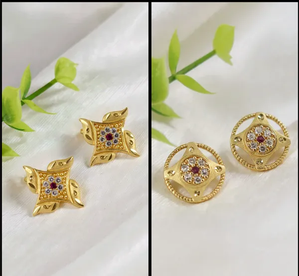 Gold_Plated_Floral_Pinwheel_Stud_With_Ruby_And_Cz_Accents_&_Plated_Circular_Medallion_Stud_With_Ruby_And_Diamond_Accents_Earrings_For_Women