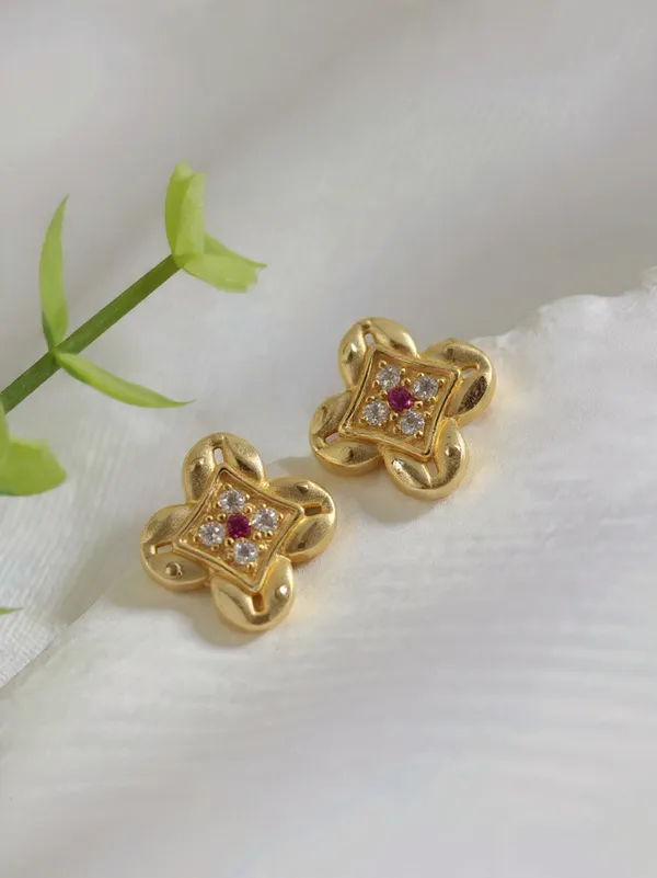 Elegant_Gold-Plated_Floral_Stud_Earrings_With_Ruby_And_Cubic_Zirconia_Accents_For_Women