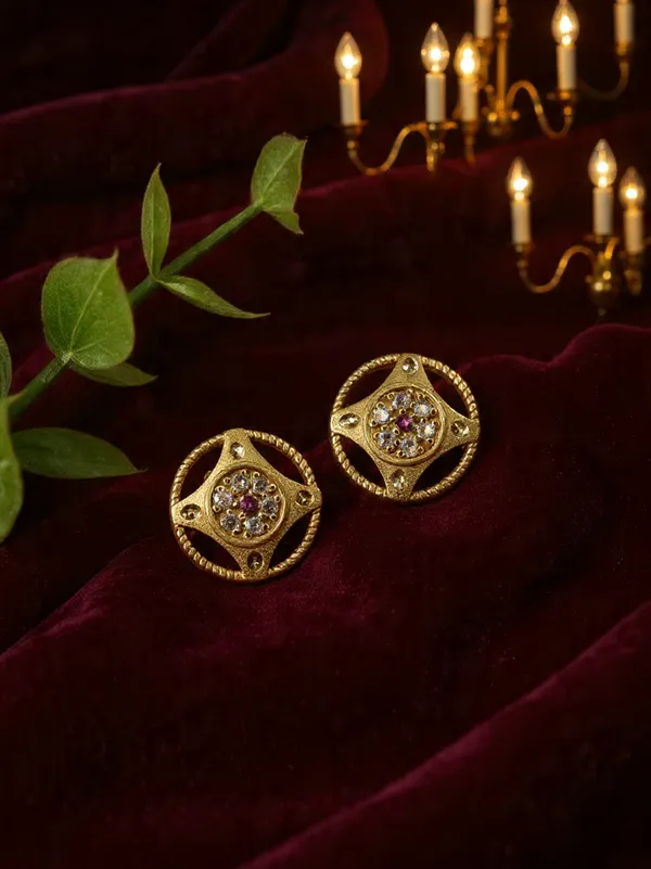 Gold_Plated_Circular_Medallion_Stud_Earrings_With_Ruby_And_Diamond_Accents_For_Women