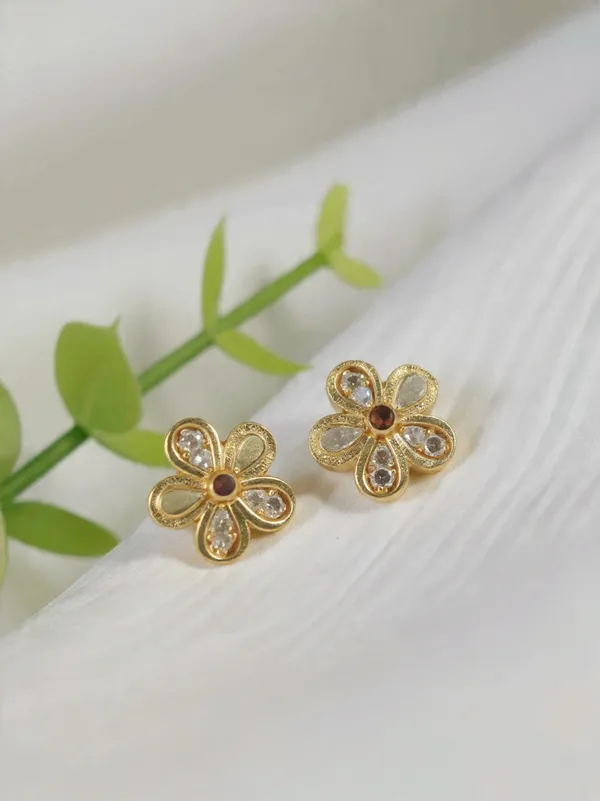 Gold_Plated_Five-Petal_Flower_Stud_Earrings_With_Cubic_Zirconia_Accents_For_Women